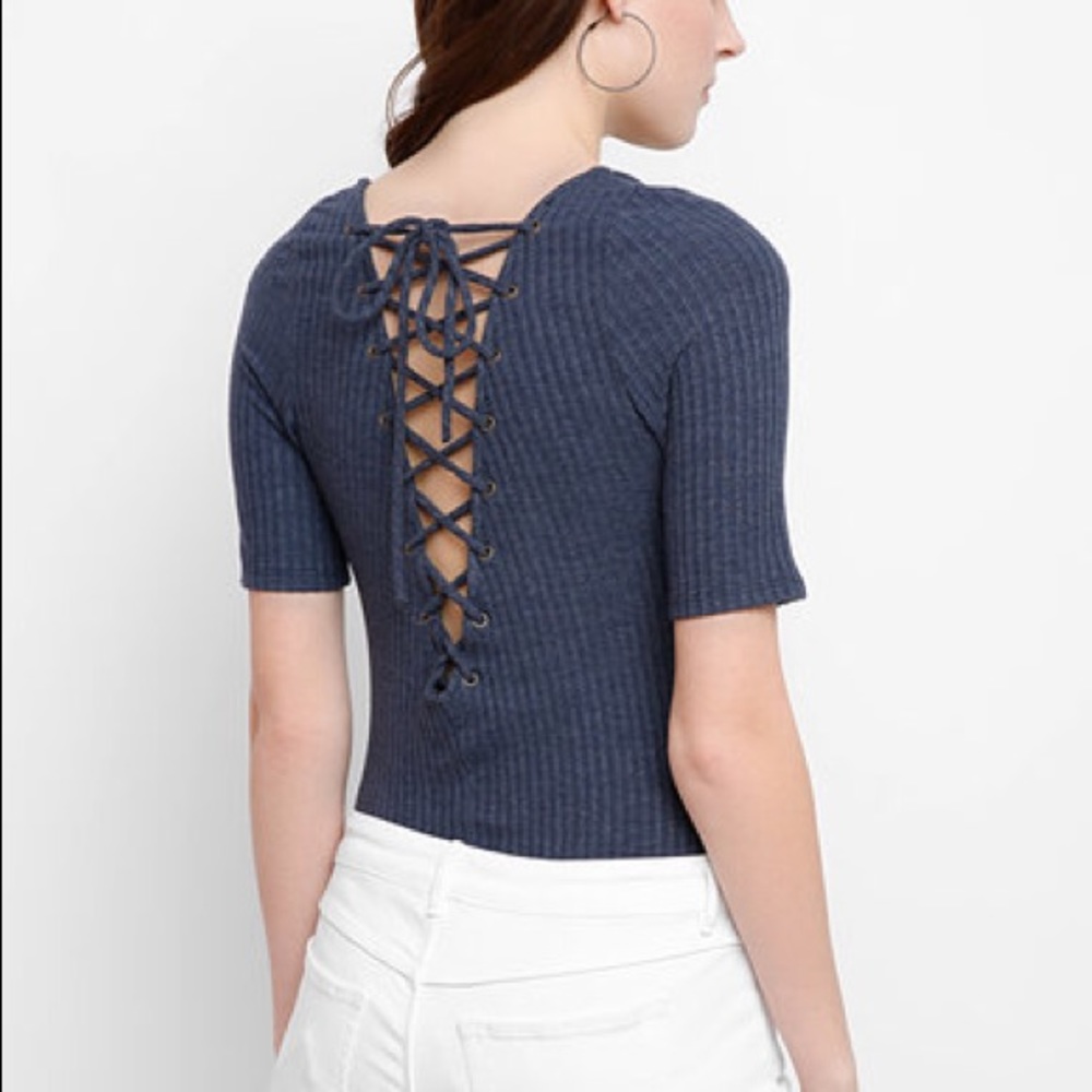 Laceup Back Ribbed Bodysuit by NYTT